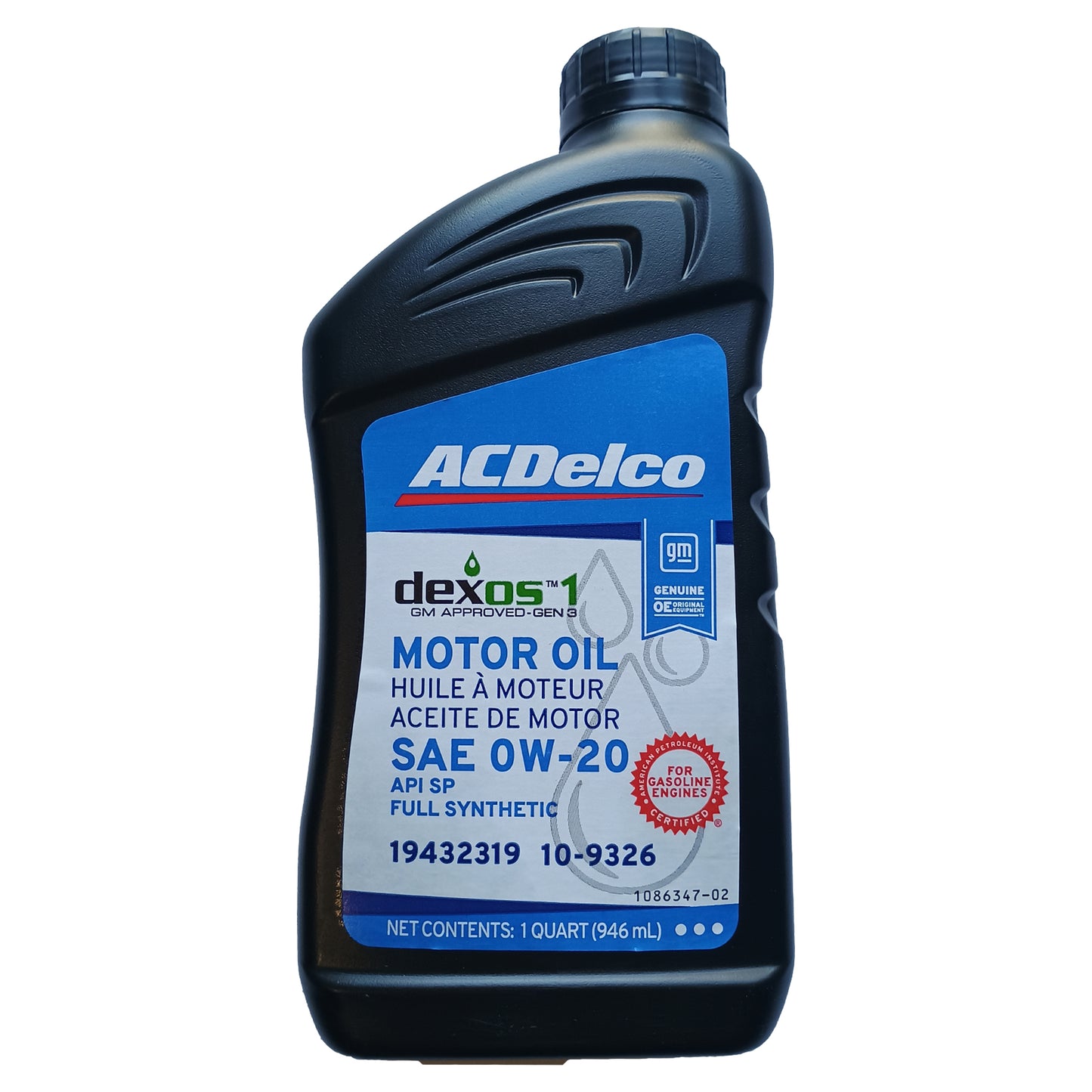 ACDelco OE Dexos 1 Gen3 Full Synthetic 0W-20 Oil, 2014-2025 Chevrolet Silverado, GMC Sierra 1500 Truck, 5.3L/6.2L Gas Engine, 1 Quart