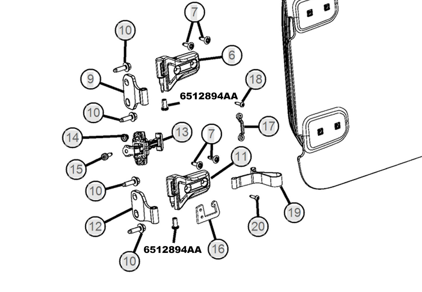 65128944AA_diagram 6512894AA Mopar OE Door Hinge Nut, Jeep 2020-2025 Gladiator JT, 2018-2025 Wrangler JL