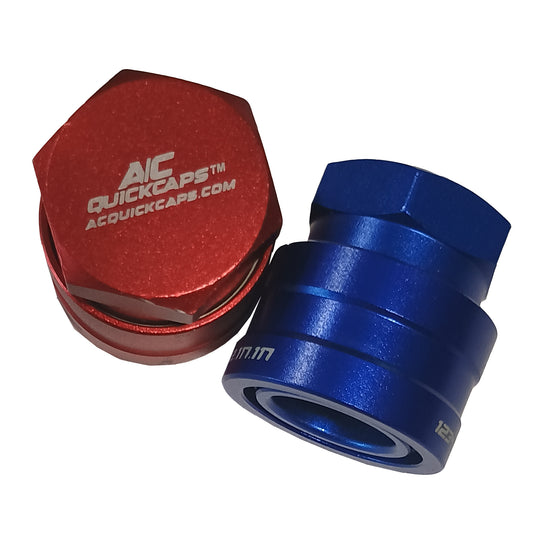 R134A_R1234YF Leak-Proof Air Conditioning A/C Quick Caps for R134A and R1234YF Systems, 2007-2018 Jeep Wrangler JK Red and Blue
